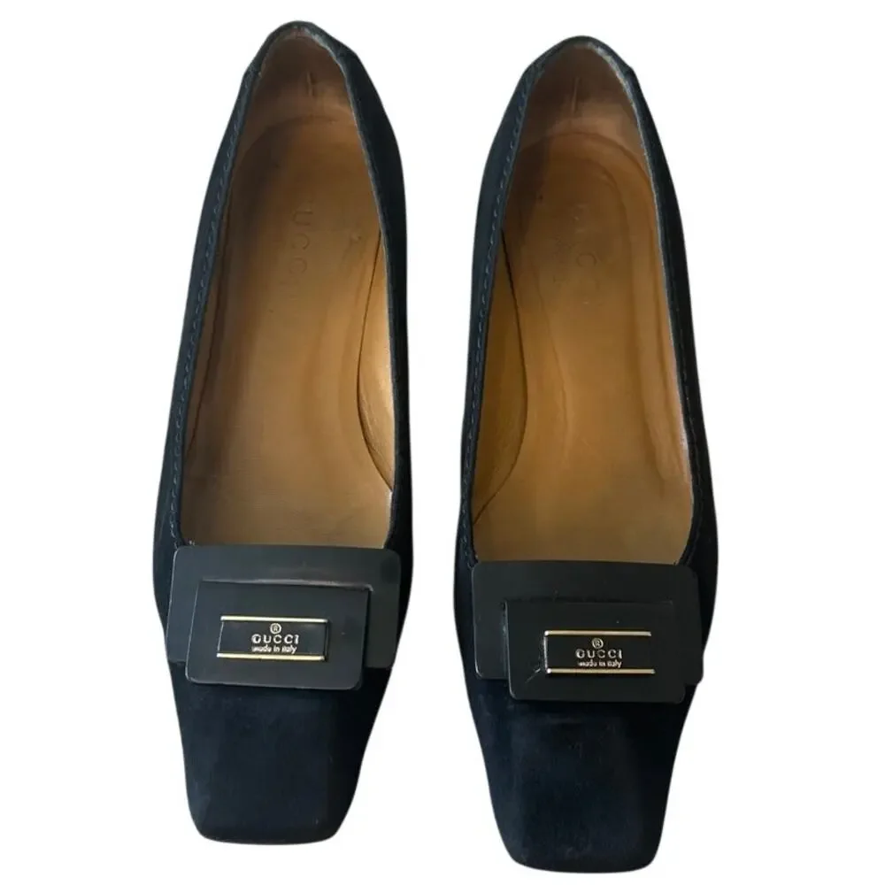 Vintage Gucci Black Suede Square Toe Kitten Heels Logo 36 - Picture 2 of 16